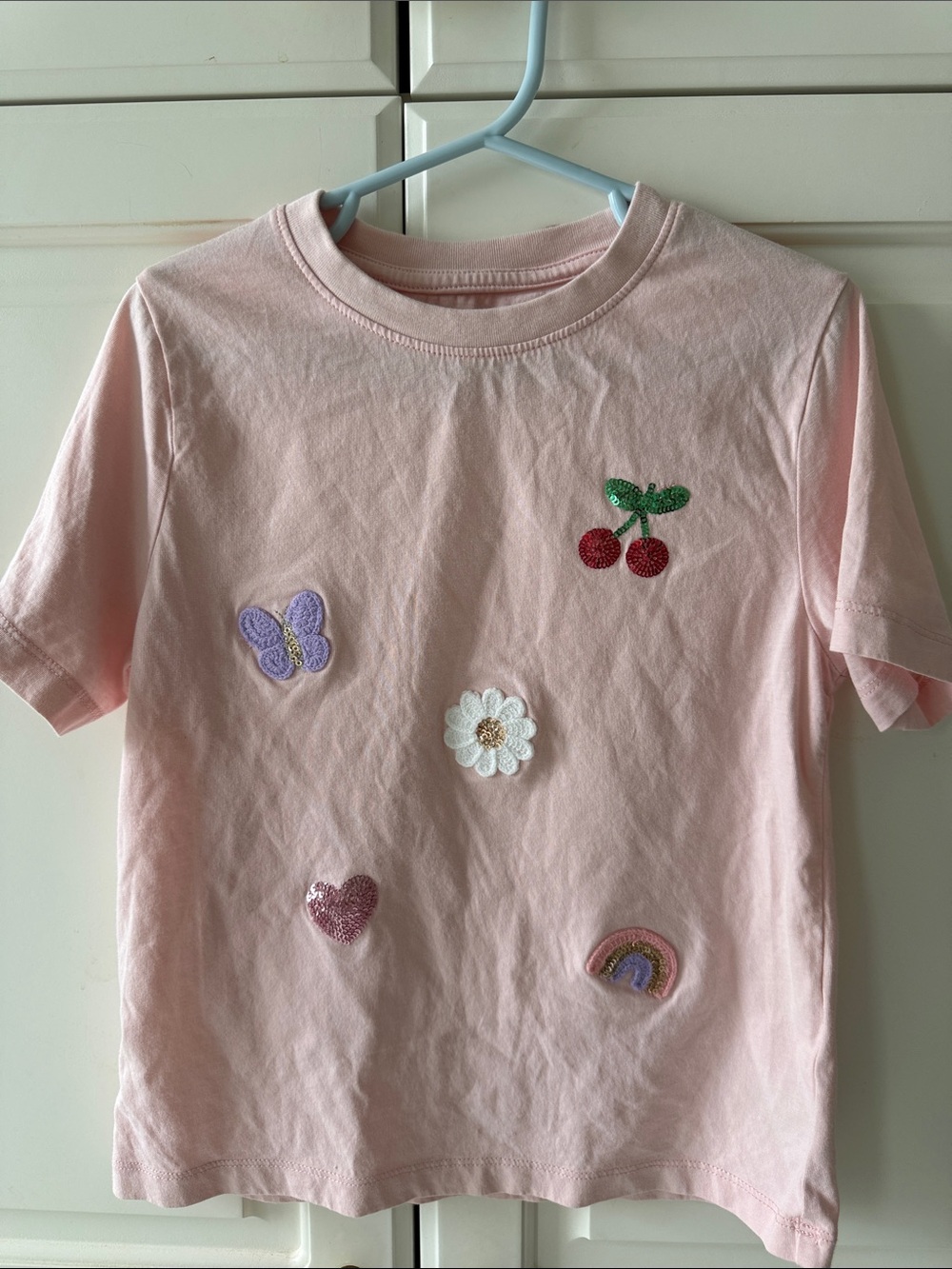H&M Light Pink Tee with Embroidered Fruit & Patches